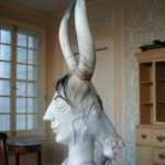 Joseph Kurhajec, "Midsummer Night’s Dream, "1984," ceramic with horn and hair, 41”H 