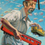 Charles Parness, "Self Portrait: Genie of the Great Train Disaster," 1984, oil on canvas, 60”H x 40”W