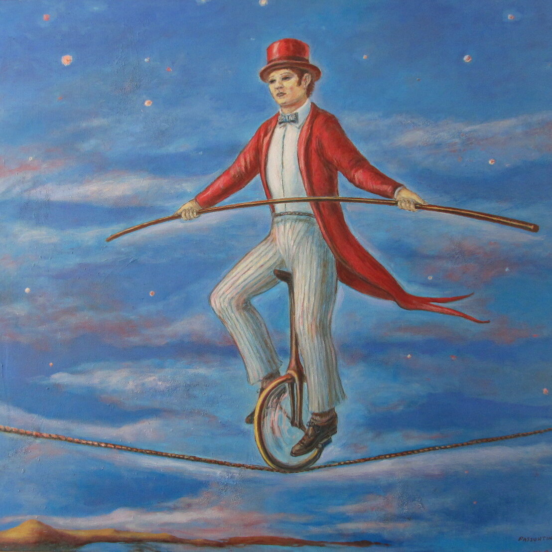 Peter Passuntino, "Night TIme Unicyclist," 1983- 1984, oil on canvas, 60”H x 64”W